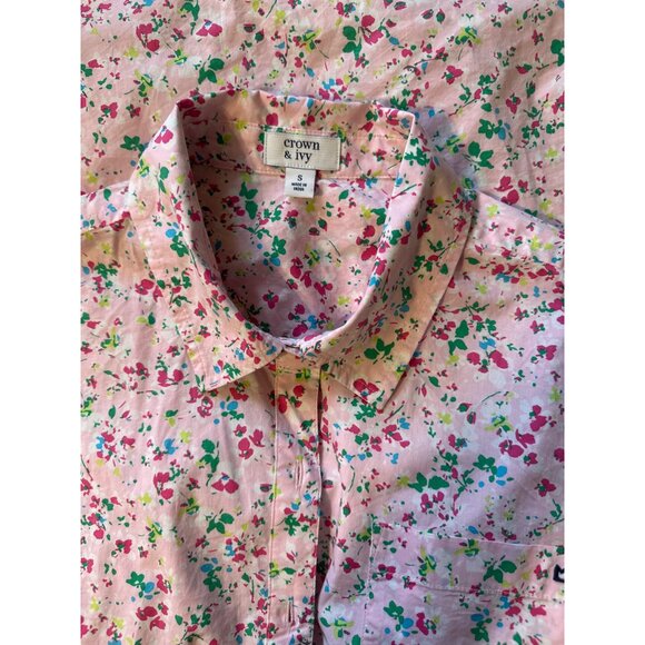 Crown & Ivy Womens Floral Button-Up Shirt S Pink Green Cotton - Picture 5 of 6
